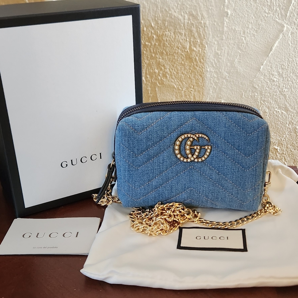 Gucci Blue Marmont Denim Pearl Pouch Bag